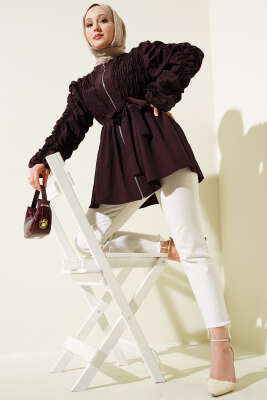 Büzgülü Fermuarlı Kuşaklı Ceket Bordo - Thumbnail