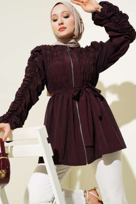 Büzgülü Fermuarlı Kuşaklı Ceket Bordo - Thumbnail
