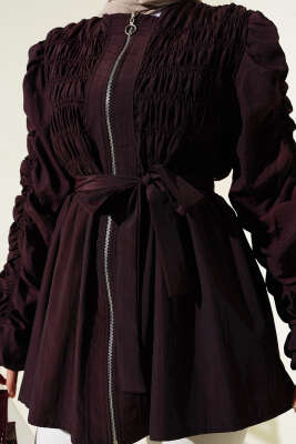 Büzgülü Fermuarlı Kuşaklı Ceket Bordo - Thumbnail