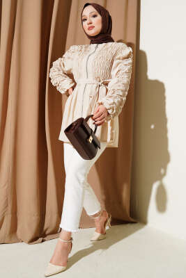 Büzgülü Fermuarlı Kuşaklı Ceket Bej - Thumbnail