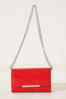 Kroko Mıknatıslı Zincir Askılı Çanta Kırmızı - Thumbnail