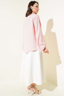 Bebe Yaka Düğme Detaylı Gofre Bluz Pembe - Thumbnail