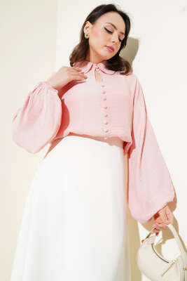 Pazarium - Bebe Yaka Düğme Detaylı Gofre Bluz Pembe