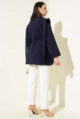 Omuz Pelerinli İp Kuşaklı Ceket Lacivert - Thumbnail