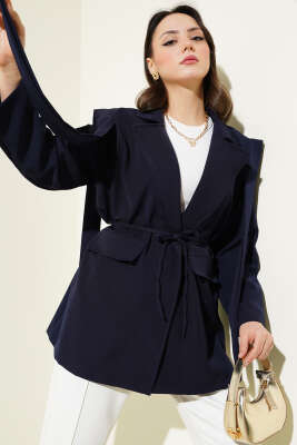 Omuz Pelerinli İp Kuşaklı Ceket Lacivert - Thumbnail