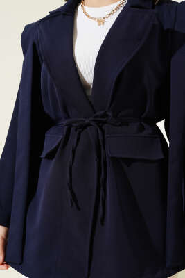 Omuz Pelerinli İp Kuşaklı Ceket Lacivert - Thumbnail