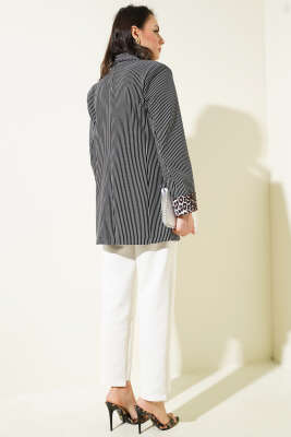 Manşet Detaylı Çizgili Blazer Ceket Siyah - Thumbnail