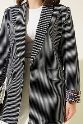 Manşet Detaylı Çizgili Blazer Ceket Siyah - Thumbnail