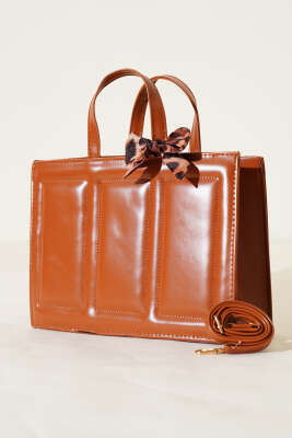 Dikiş Detaylı Fularlı Çanta Taba - Thumbnail