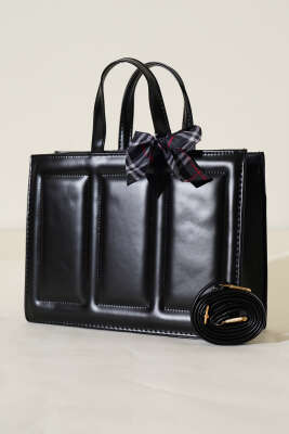 Dikiş Detaylı Fularlı Çanta Siyah - Thumbnail