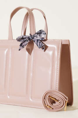 Dikiş Detaylı Fularlı Çanta Pudra - Thumbnail