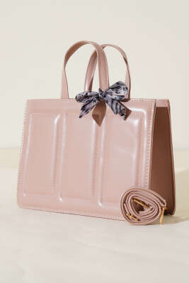 Dikiş Detaylı Fularlı Çanta Pudra - Thumbnail