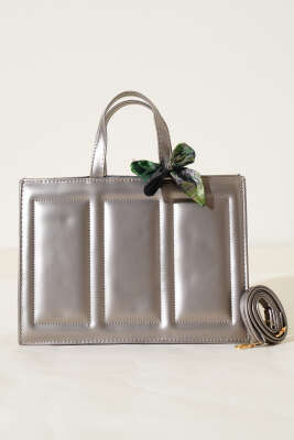 Dikiş Detaylı Fularlı Çanta Platin - Thumbnail