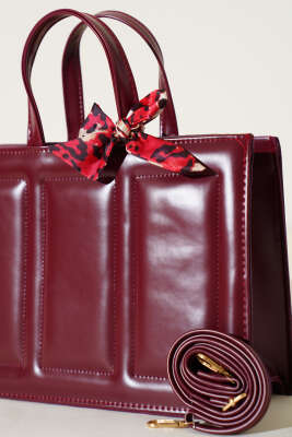 Dikiş Detaylı Fularlı Çanta Bordo - Thumbnail