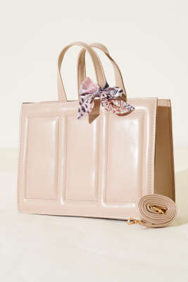 Dikiş Detaylı Fularlı Çanta Bej - Thumbnail