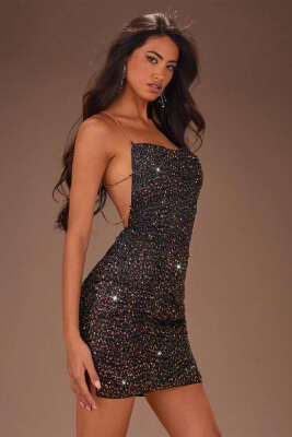 Pazarium - Pullu Zincir Detaylı Fantezi Gecelik Siyah