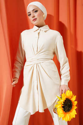 Pazarium - Önü Kendinden Bağlamalı Gömlek Bej