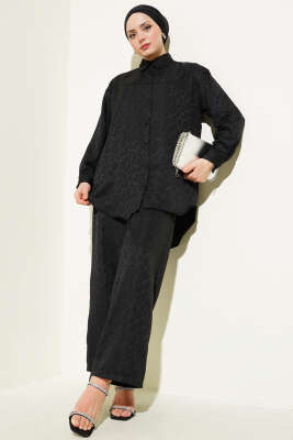 Pazarium - Kendinden Desenli Jakar Gömlek İkili Takım Siyah