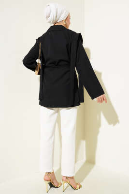 Omuz Pelerinli İp Kuşaklı Ceket Siyah - Thumbnail