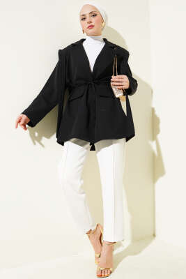 Omuz Pelerinli İp Kuşaklı Ceket Siyah - Thumbnail