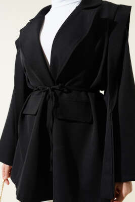 Omuz Pelerinli İp Kuşaklı Ceket Siyah - Thumbnail