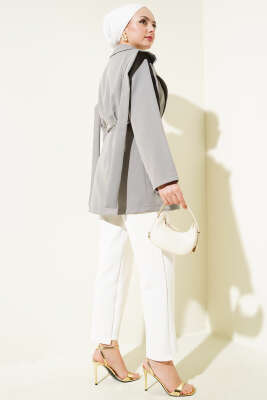 Omuz Pelerinli İp Kuşaklı Ceket Gri - Thumbnail