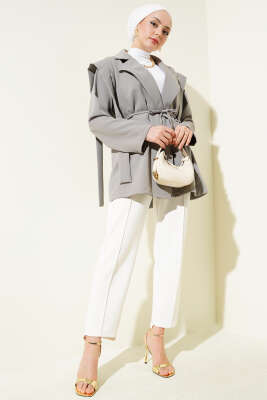 Omuz Pelerinli İp Kuşaklı Ceket Gri - Thumbnail