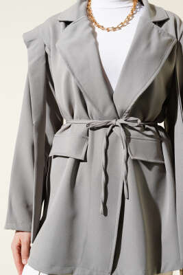 Omuz Pelerinli İp Kuşaklı Ceket Gri - Thumbnail
