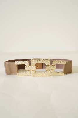 Pazarium - Kare Toka Detaylı Lastik Kemer Vizon