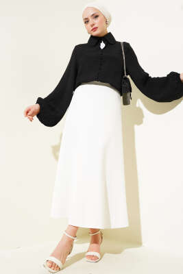 Bebe Yaka Düğme Detaylı Gofre Bluz Siyah - Thumbnail