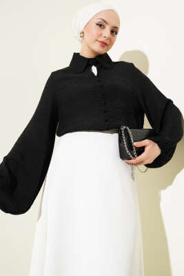 Bebe Yaka Düğme Detaylı Gofre Bluz Siyah - Thumbnail
