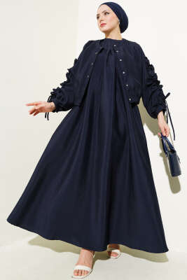 Pazarium - Kolları Büzgülü Ceketli Jile İkili Takım Lacivert