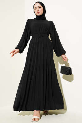 Piliseli Kemerli Ayrobin Elbise Siyah - Thumbnail