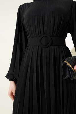 Piliseli Kemerli Ayrobin Elbise Siyah - Thumbnail