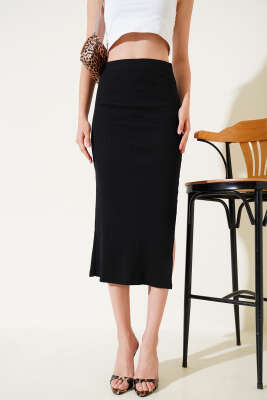 Fitilli Yırtmaçlı Midi Kalem Etek Siyah - Thumbnail