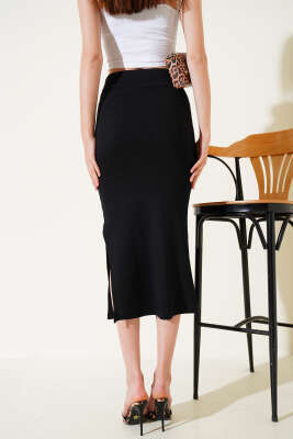 Fitilli Yırtmaçlı Midi Kalem Etek Siyah - Thumbnail