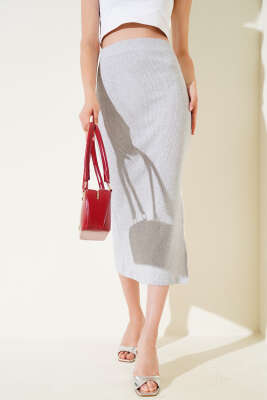 Fitilli Yırtmaçlı Midi Kalem Etek Gri - Thumbnail