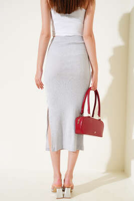 Fitilli Yırtmaçlı Midi Kalem Etek Gri - Thumbnail