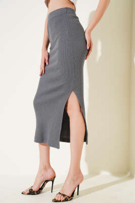 Fitilli Yırtmaçlı Midi Kalem Etek Füme - Thumbnail