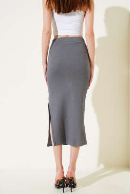 Fitilli Yırtmaçlı Midi Kalem Etek Füme - Thumbnail