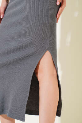 Fitilli Yırtmaçlı Midi Kalem Etek Füme - Thumbnail