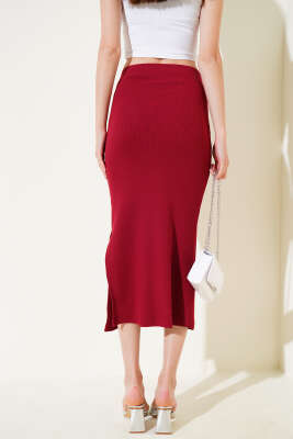 Fitilli Yırtmaçlı Midi Kalem Etek Bordo - Thumbnail