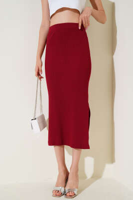 Fitilli Yırtmaçlı Midi Kalem Etek Bordo - Thumbnail