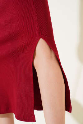 Fitilli Yırtmaçlı Midi Kalem Etek Bordo - Thumbnail