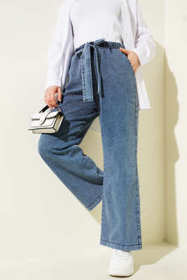 Pazarium - Beli Lastikli Kuşaklı Kot Pantolon Açık Mavi