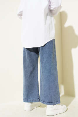 Beli Lastikli Kuşaklı Kot Pantolon Açık Mavi - Thumbnail