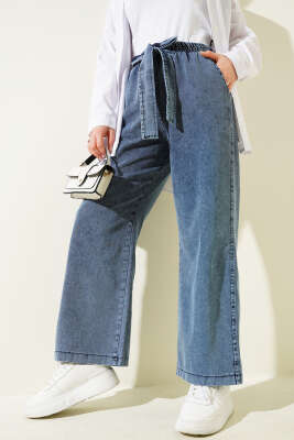 Beli Lastikli Kuşaklı Kot Pantolon Açık Mavi - Thumbnail