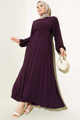 Piliseli Kemerli Ayrobin Elbise Mürdüm - Thumbnail