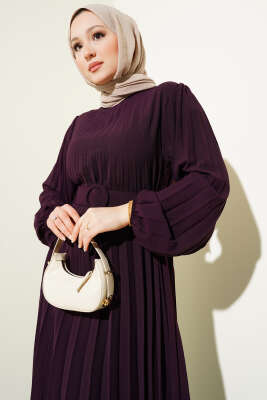 Piliseli Kemerli Ayrobin Elbise Mürdüm - Thumbnail