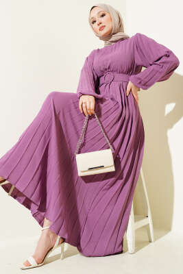 Piliseli Kemerli Ayrobin Elbise Gül Kurusu - Thumbnail